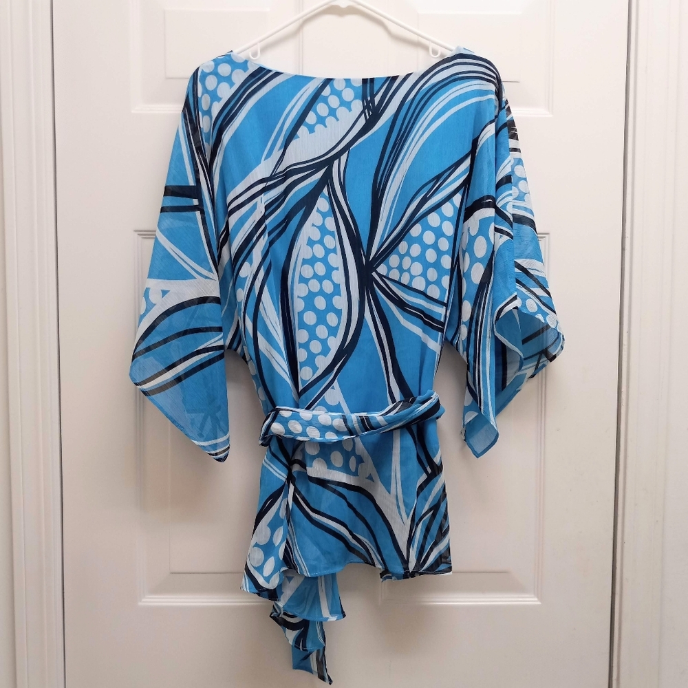 Womens Kimono Top Blue Size 16 Tie Waist Artsy Resortwear Boho Retro - Picture 2 of 15